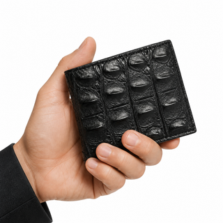 Close-up hand holding the Citadel Crocodile Wallet on white