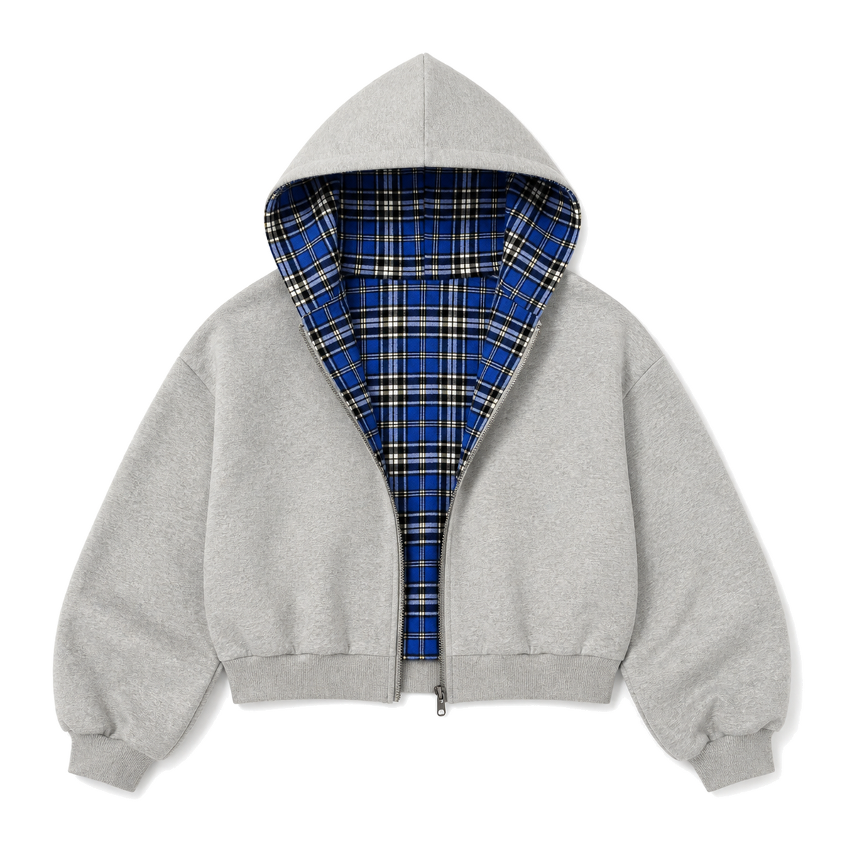 Counterform Cobalt Reversible Hoodie, grey front with blue plaid reverse lining