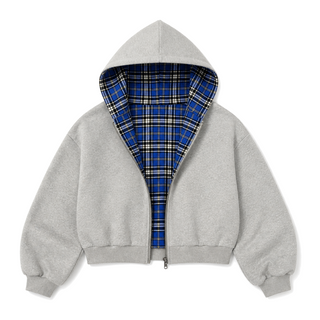 Counterform Cobalt Reversible Hoodie, grey front with blue plaid reverse lining