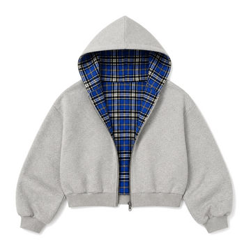 Counterform Cobalt Reversible Hoodie, grey front with blue plaid reverse lining