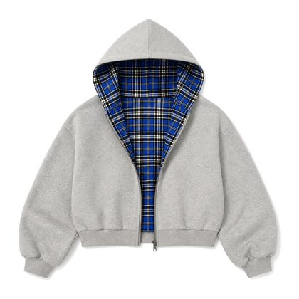 Counterform Cobalt Reversible Hoodie, grey front with blue plaid reverse lining