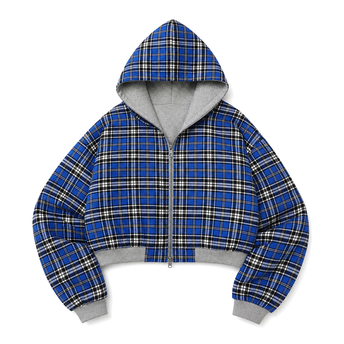 Counterform Cobalt Reversible Hoodie, blue black and white plaid reverse