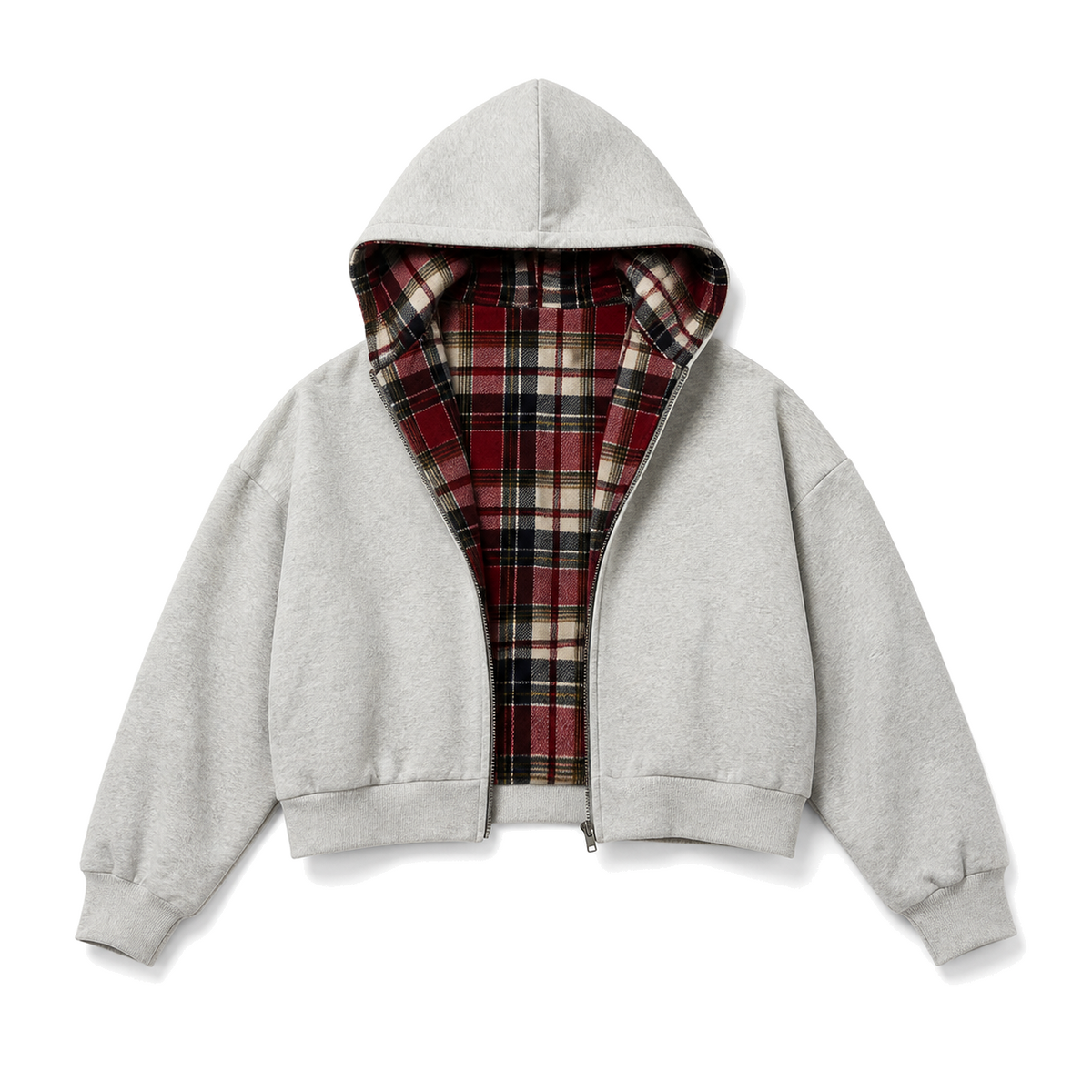 Counterform Crimson Reversible Hoodie, grey front with red plaid reverse lining
