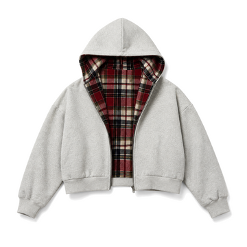 Counterform Crimson Reversible Hoodie, grey front with red plaid reverse lining