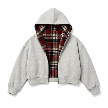 Counterform Crimson Reversible Hoodie, grey front with red plaid reverse lining