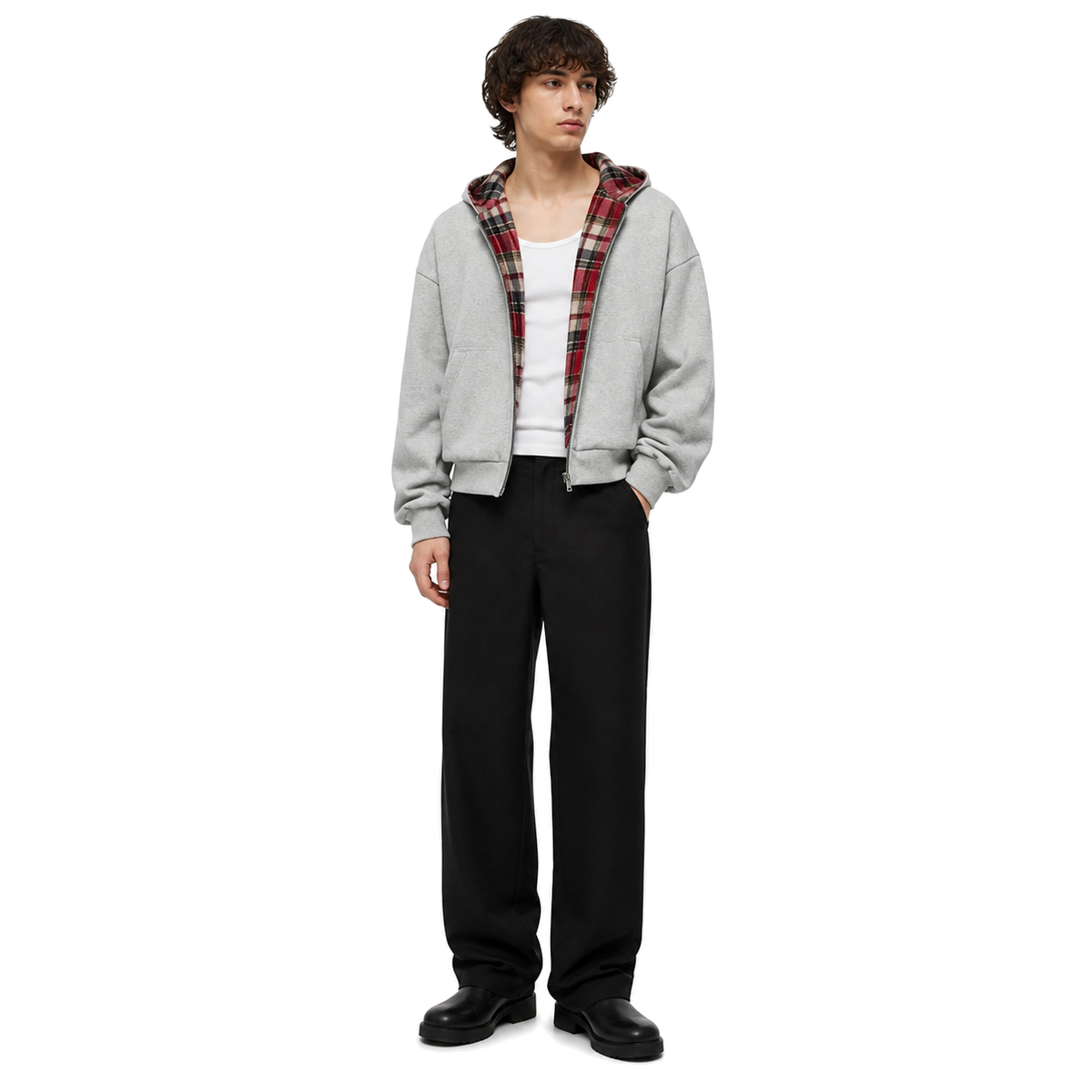 Model wearing the Counterform Crimson Reversible Hoodie on a white studio background