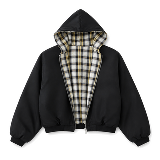 Counterform Noir Reversible Hoodie, black front with plaid reverse lining