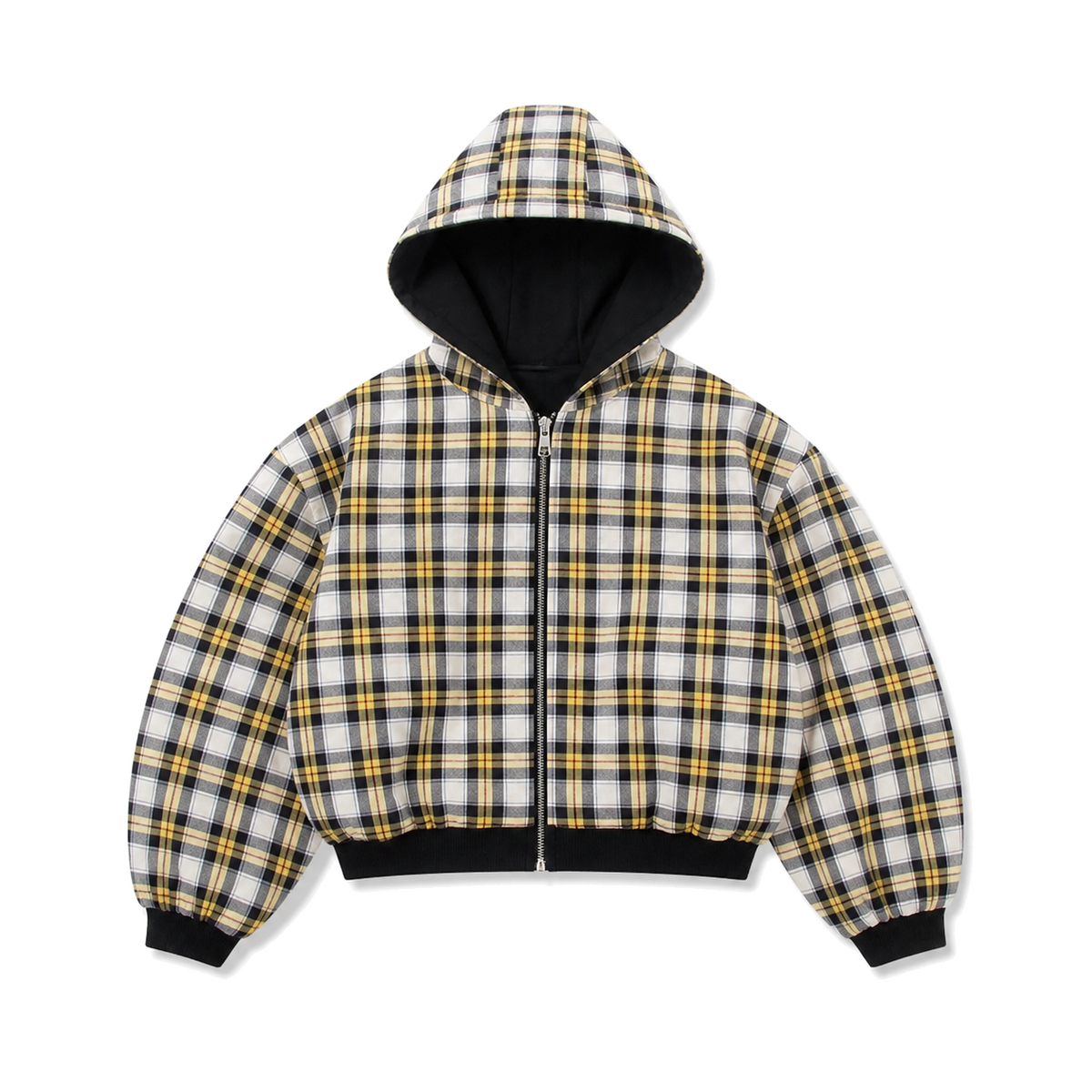 Counterform Noir Reversible Hoodie, ivory black and yellow plaid reverse
