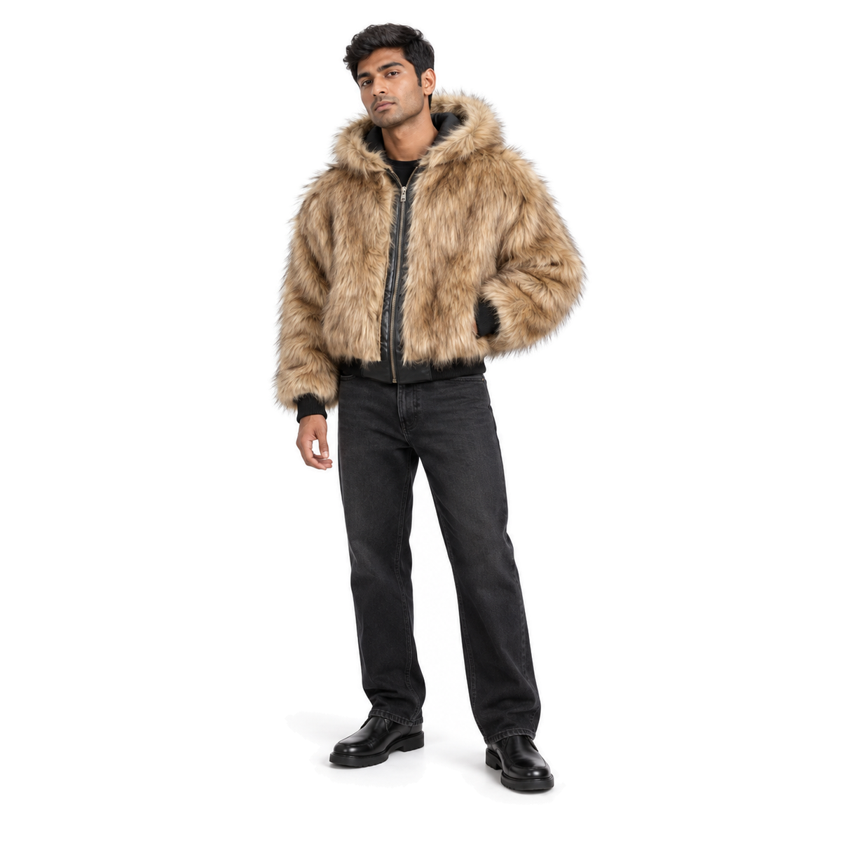 Dune Reversible Hooded Jacket — tan full-body model view