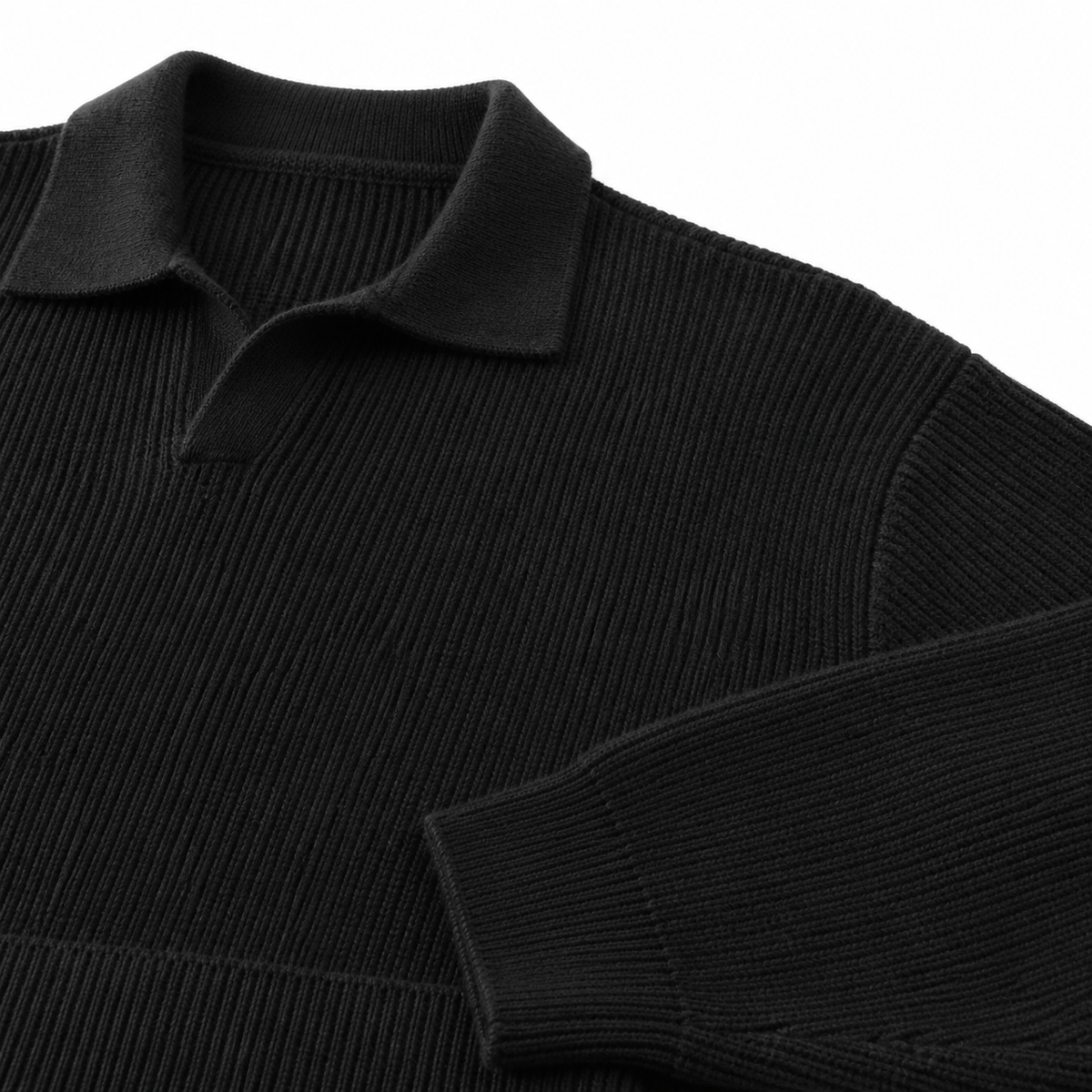 Close-up of Duskline black knit vertical texture and open polo collar