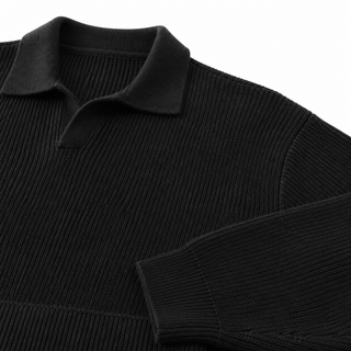 Close-up of Duskline black knit vertical texture and open polo collar