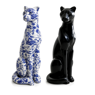 Dynasty Leopard Sculpture in blue-and-white porcelain and gloss-black finishes