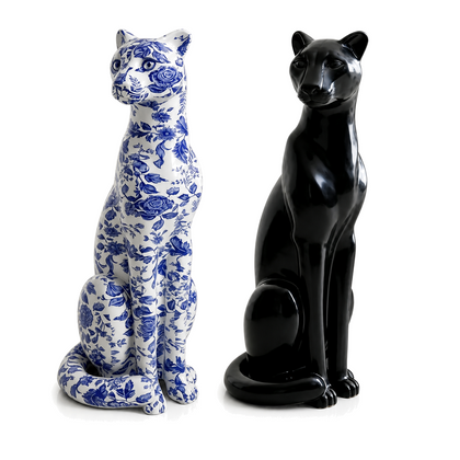 Dynasty Leopard Sculpture in blue-and-white porcelain and gloss-black finishes