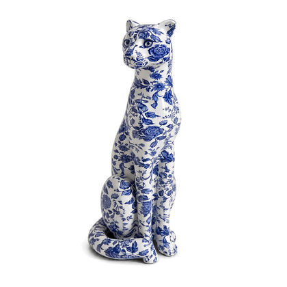 Dynasty Leopard Sculpture, blue-and-white porcelain floral finish