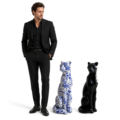Dynasty Leopard Sculpture, 70 cm scale beside a model