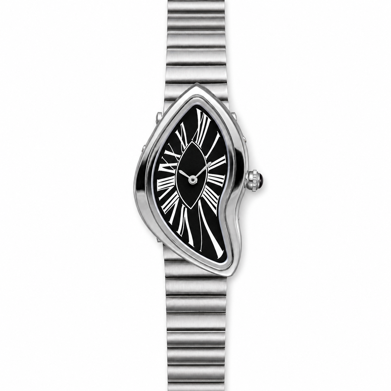 Front view of the Melting Santos stainless steel watch with a black Roman numeral dial