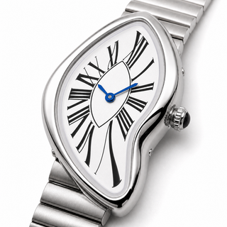 Close-up of the Melting Santos white dial, curved silver case, and blue hands