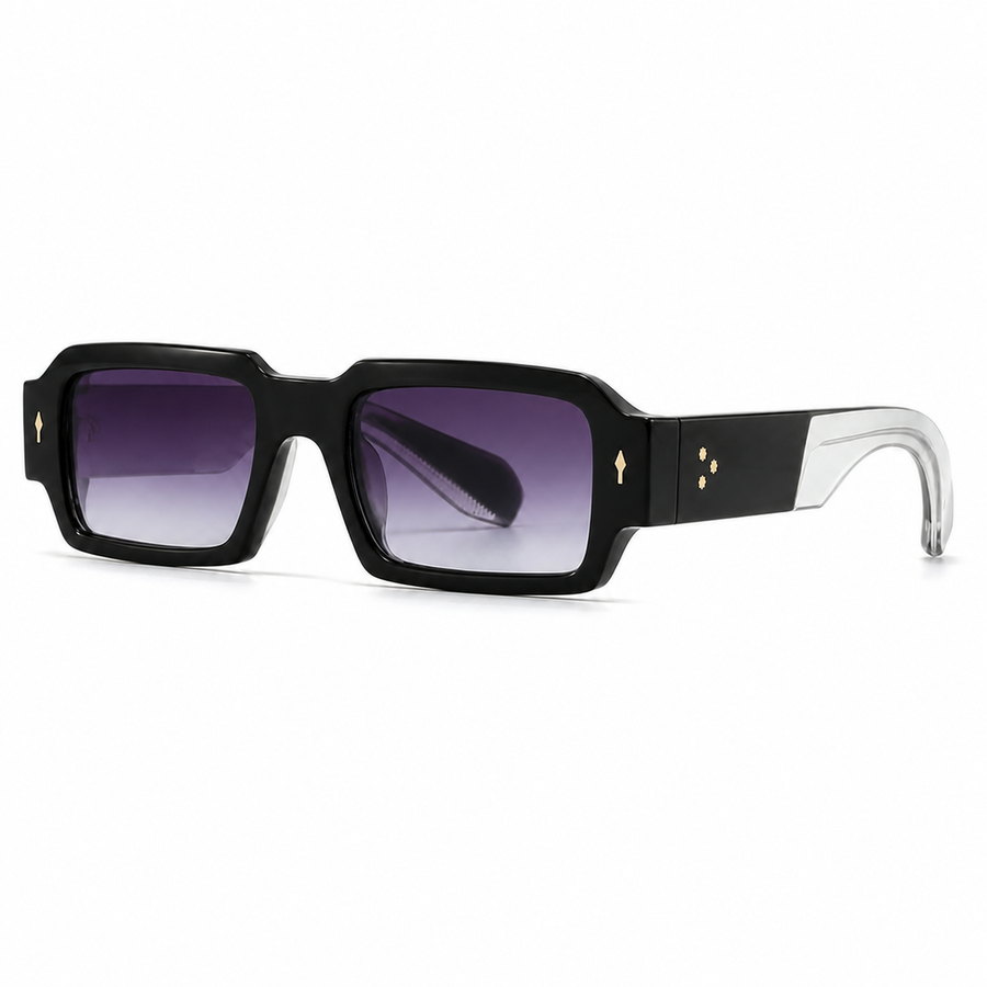 Milano square sunglasses in black with violet gradient lenses, 45-degree view