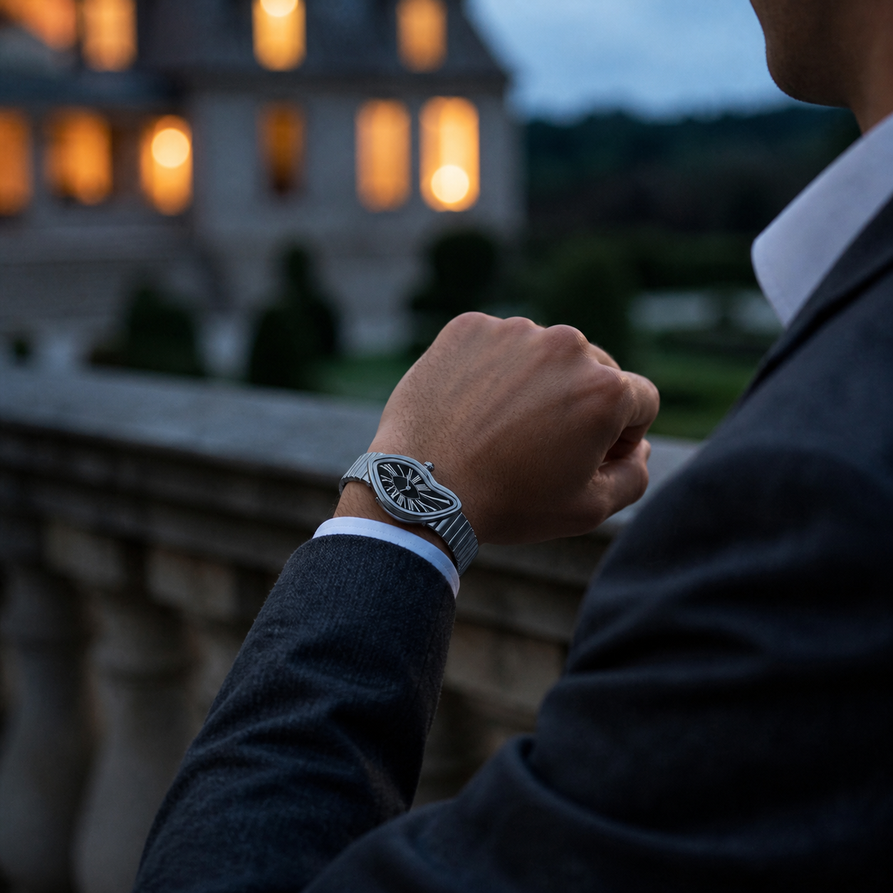 Melting Santos black dial watch worn with a navy suit outdoors at dusk
