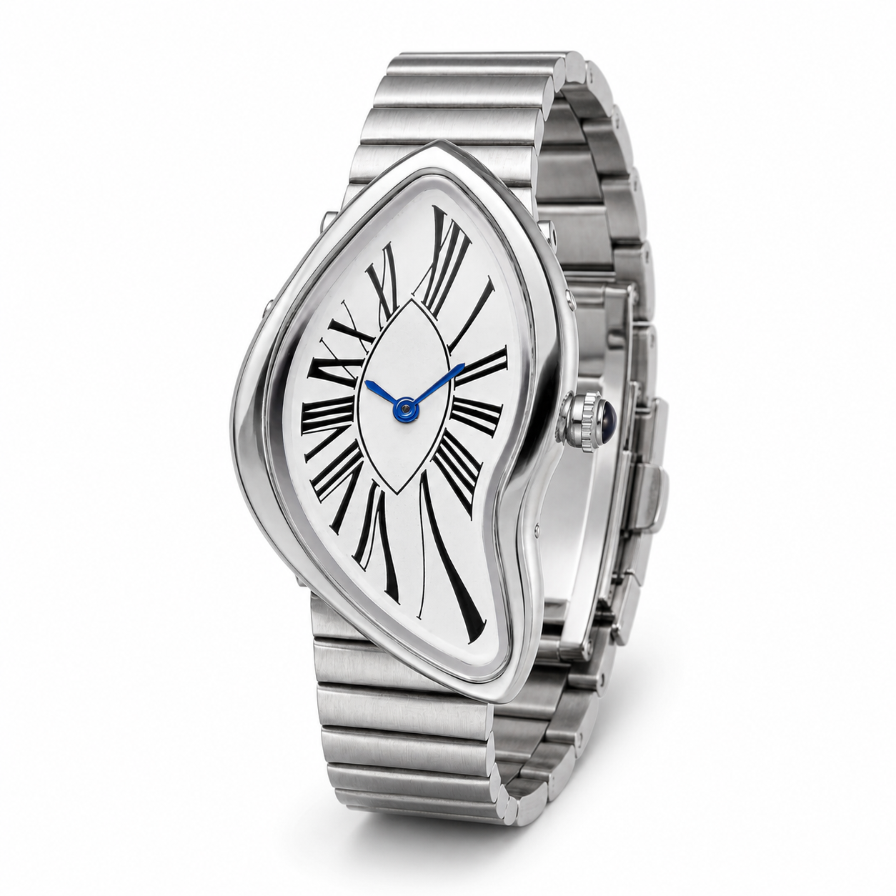Angled view of the Melting Santos white dial watch with stainless steel bracelet
