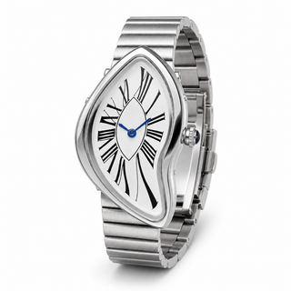Angled view of the Melting Santos white dial watch with stainless steel bracelet