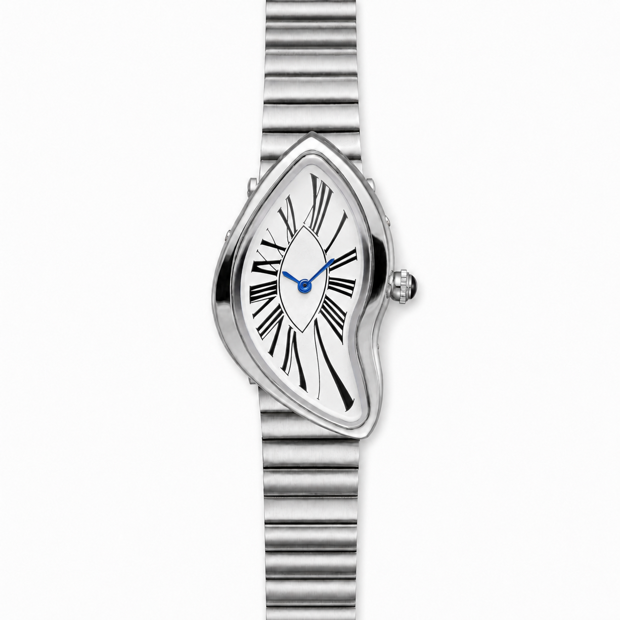 Front view of the Melting Santos stainless steel watch with a white Roman numeral dial
