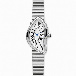 Front view of the Melting Santos stainless steel watch with a white Roman numeral dial