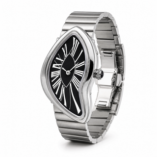 Angled view of the Melting Santos black dial watch with stainless steel bracelet