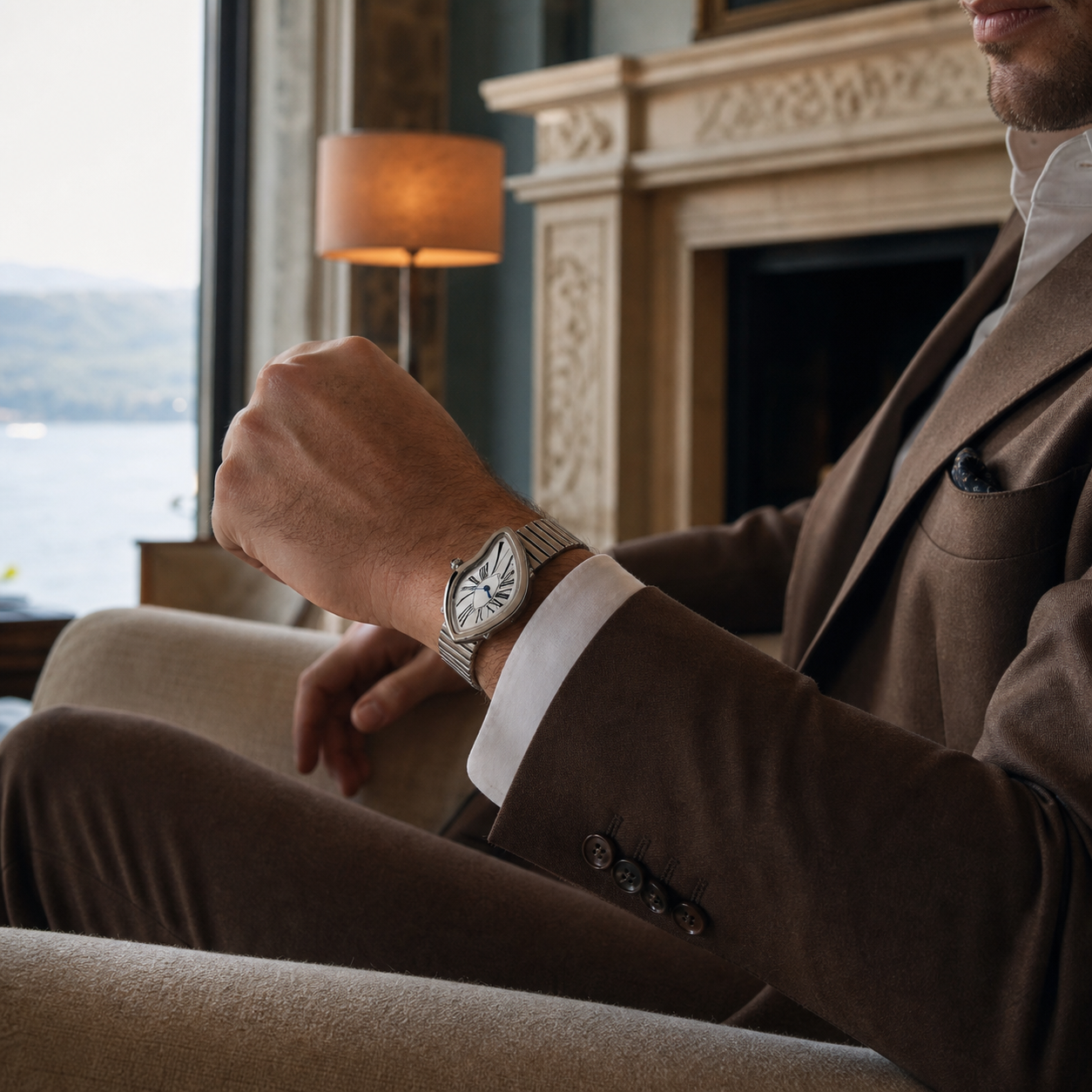 Melting Santos white dial watch worn with a brown suit beside a lake