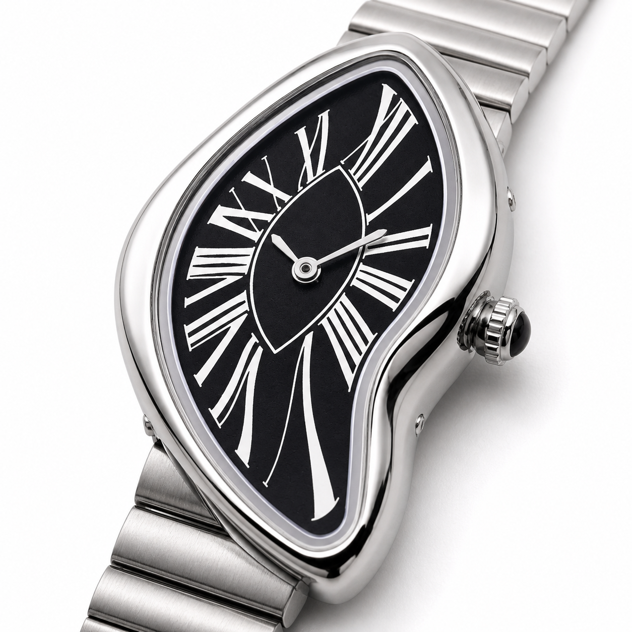 Close-up of the Melting Santos black dial and curved polished silver case