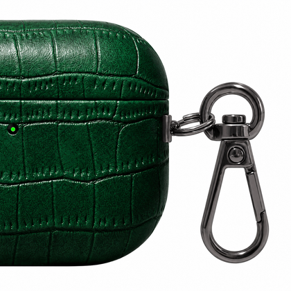 Folio Croc AirPods Case — Forest Green / Wide Emboss, right-side carabiner attachment close-up