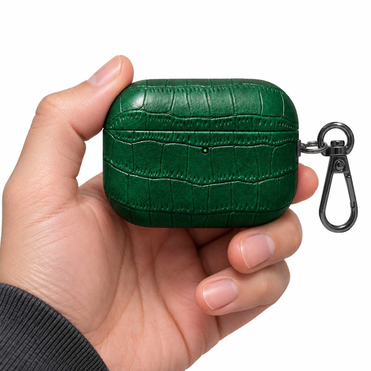 Folio Croc AirPods Case — Forest Green / Wide Emboss, human view