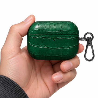 Folio Croc AirPods Case — Forest Green / Wide Emboss, human view