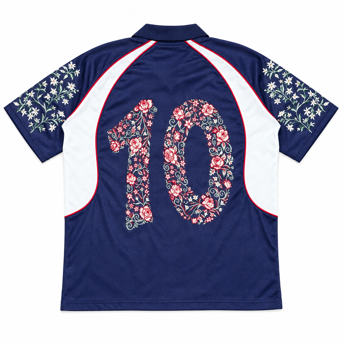 France navy-and-white jersey, back view with floral number 10