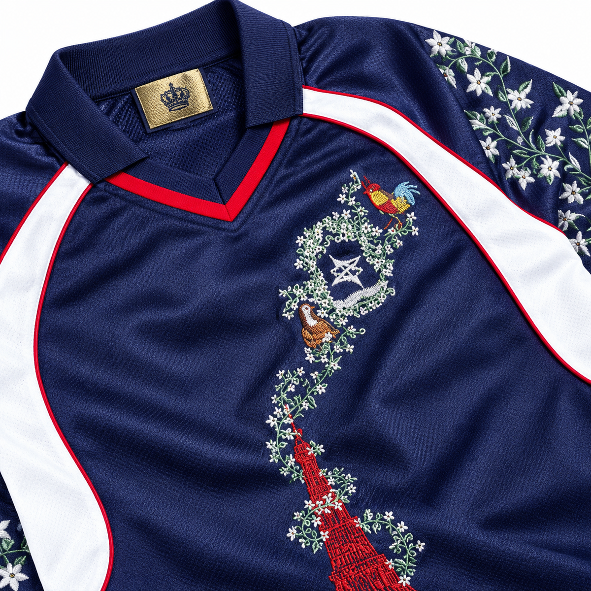 Close-up of embroidery on the France navy-and-white jersey