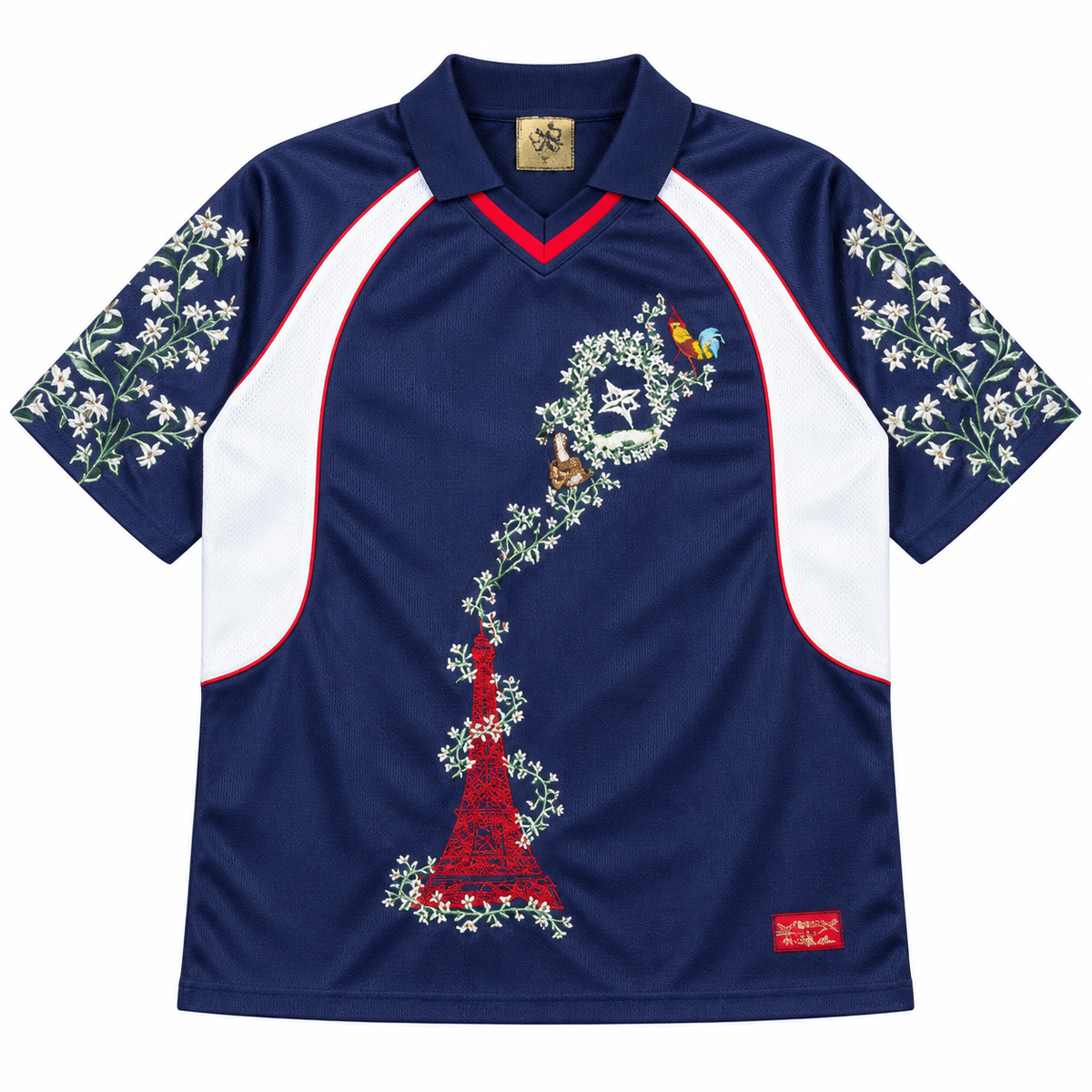 France navy-and-white botanical embroidered jersey, front view