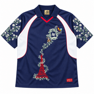 France navy-and-white botanical embroidered jersey, front view