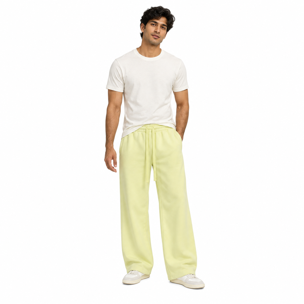 Fresco Washed Wide-Leg Sweatpants in Yellow, full-body model view