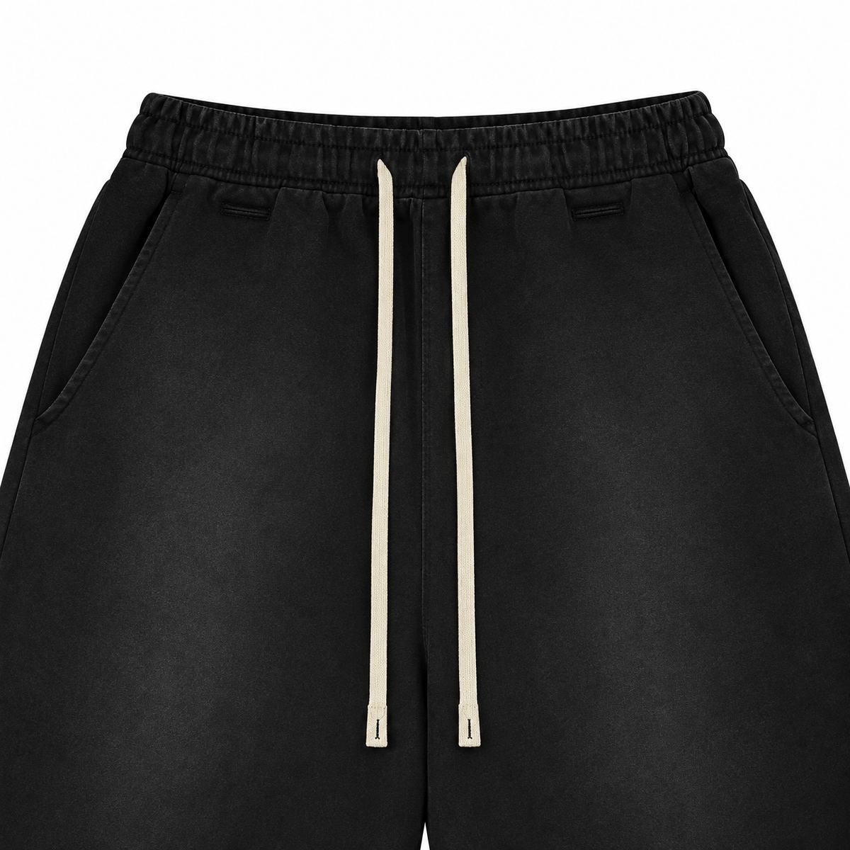 Haze Washed Drawstring Shorts in Black, detail close-up