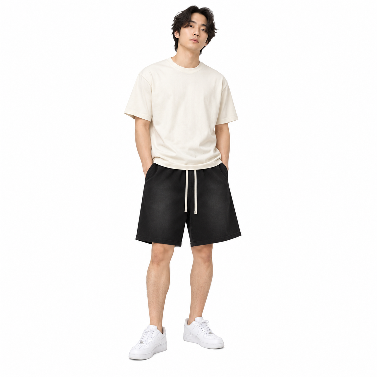 Haze Washed Drawstring Shorts in Black, full-body model view