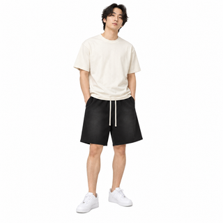 Haze Washed Drawstring Shorts in Black, full-body model view