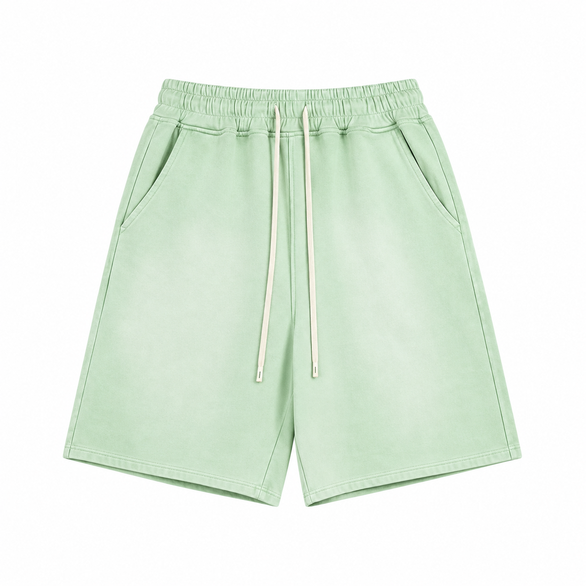 Haze Washed Drawstring Shorts in Green, front view