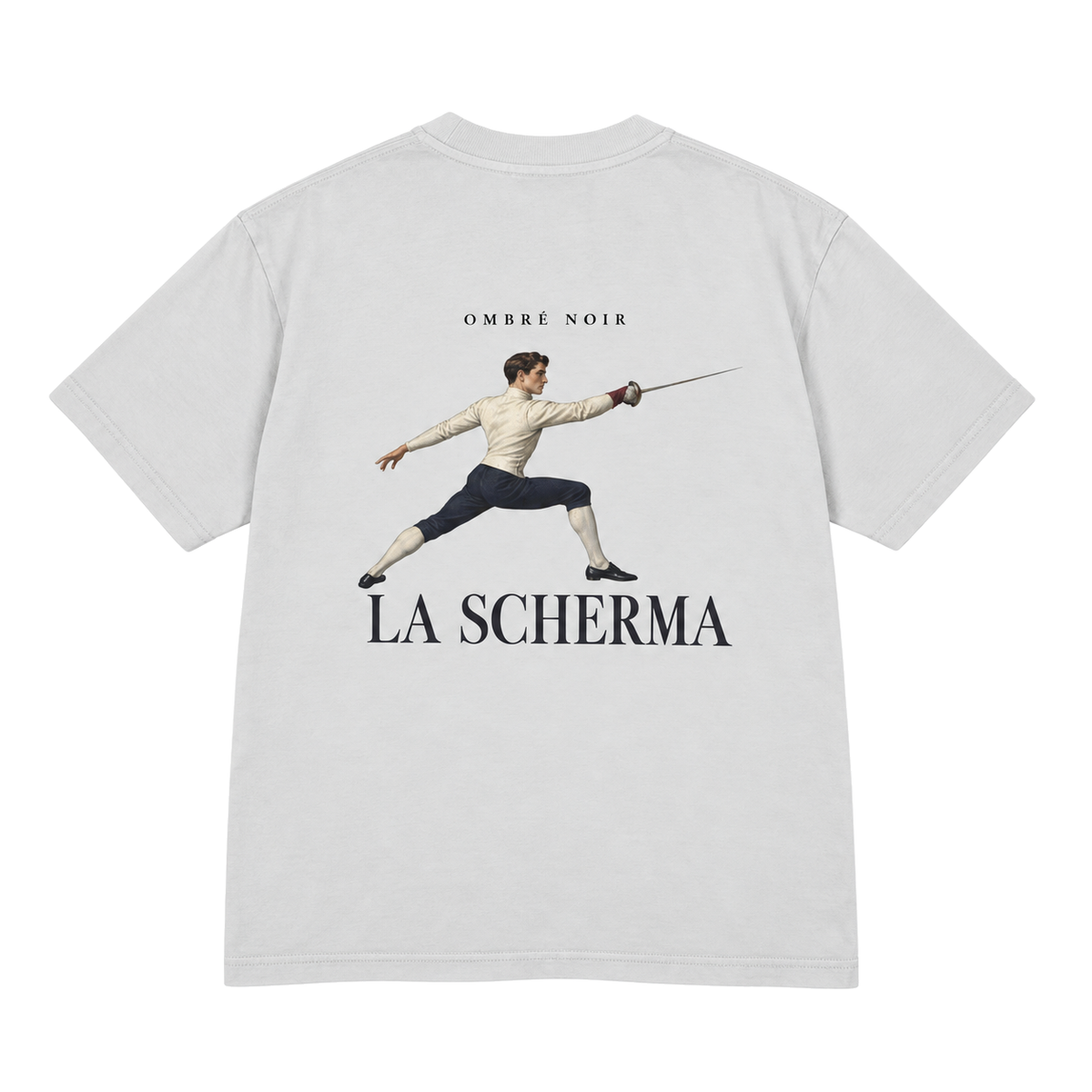 La Scherma Graphic Tee in Lunar Rock, flat back view with fencer and La Scherma lettering