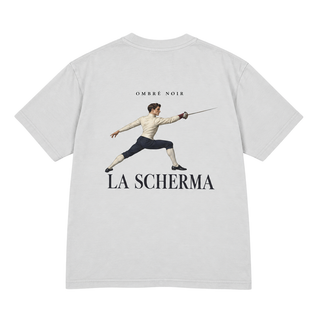 La Scherma Graphic Tee in Lunar Rock, flat back view with fencer and La Scherma lettering