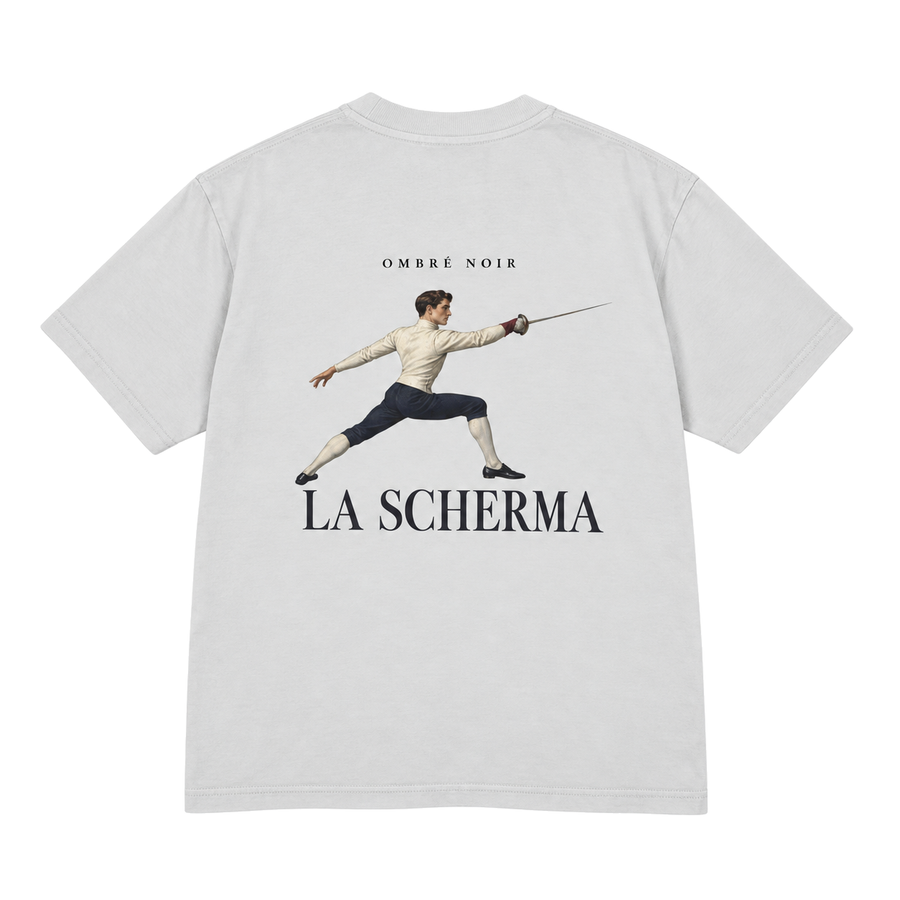 La Scherma Graphic Tee in Lunar Rock, flat back view with fencer and La Scherma lettering
