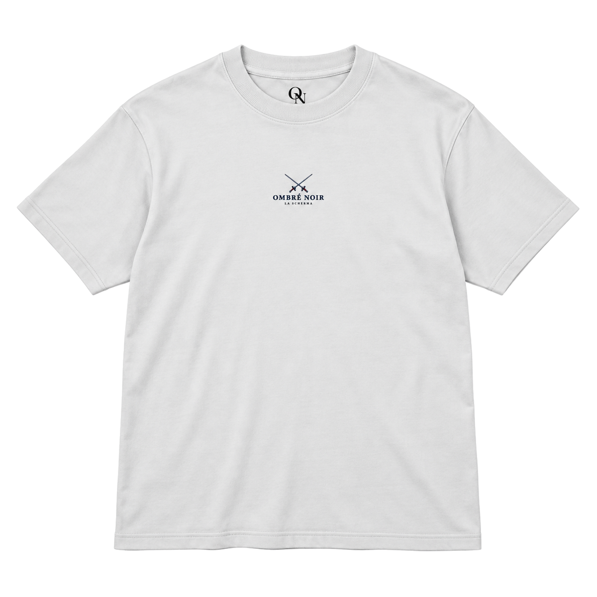 La Scherma Graphic Tee in Lunar Rock, flat front view with crossed fencing foils