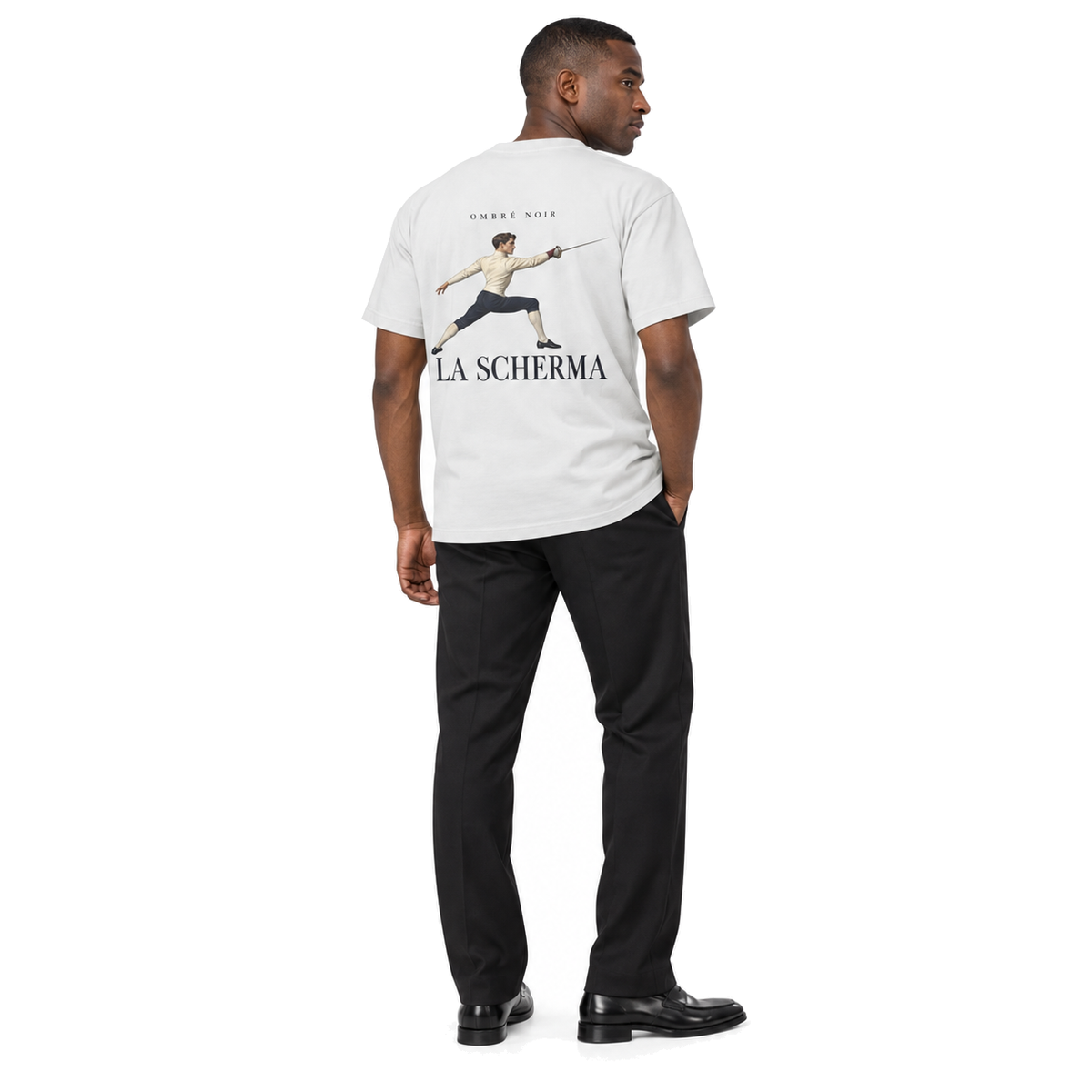 Model wearing the La Scherma Lunar Rock tee, full-body back view of the fencing print