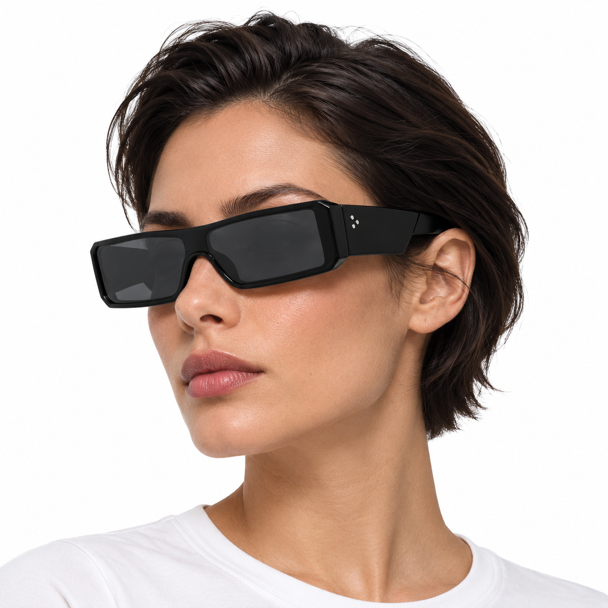 Linea Rivet Sunglasses — Black / Grey Lens, human view