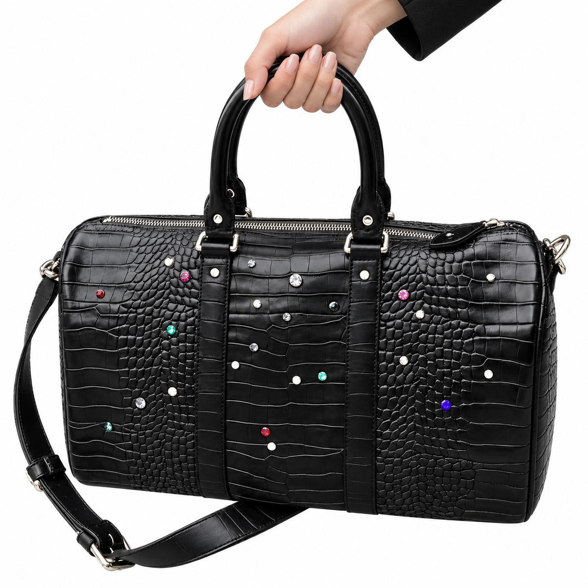Lustre Studded Croc Tote — Black, human view