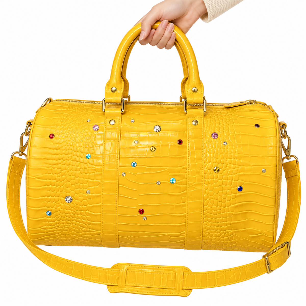 Lustre Studded Croc Tote — Yellow, yellow human view